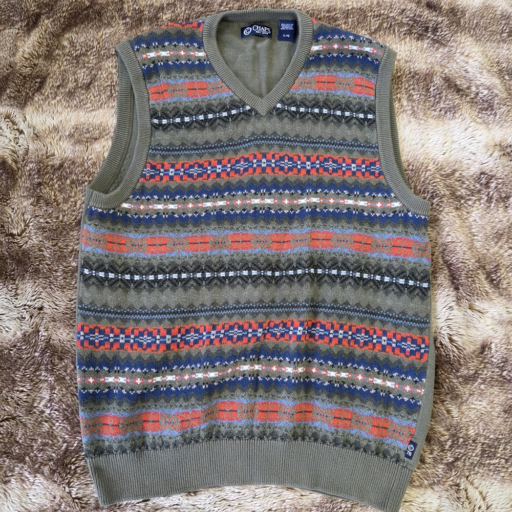 Cozy Green Chaps Sweater Vest L — Fair Isle Patterned Knit Y2K Grandpa Aesthetic